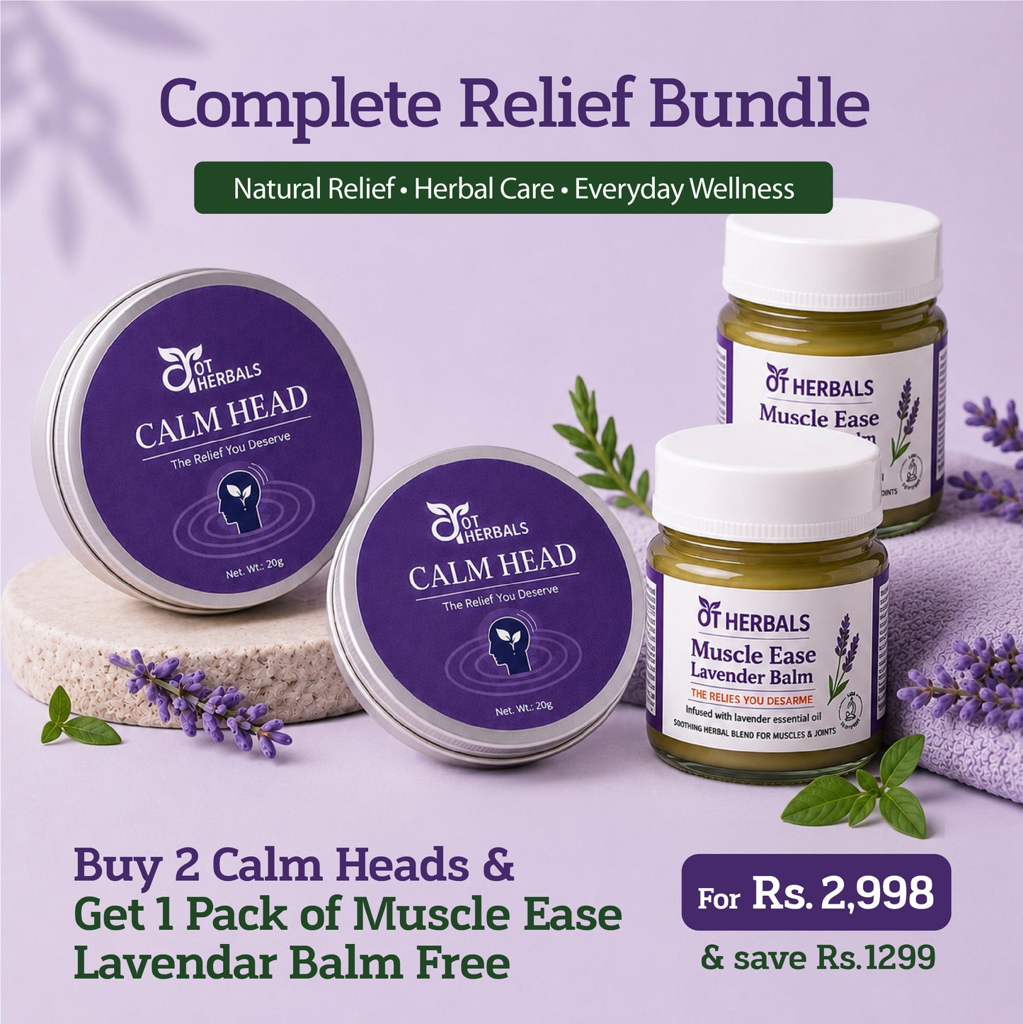 2 Calm Heads + 1 Pack of Muscle Ease Lavender Balm FREE